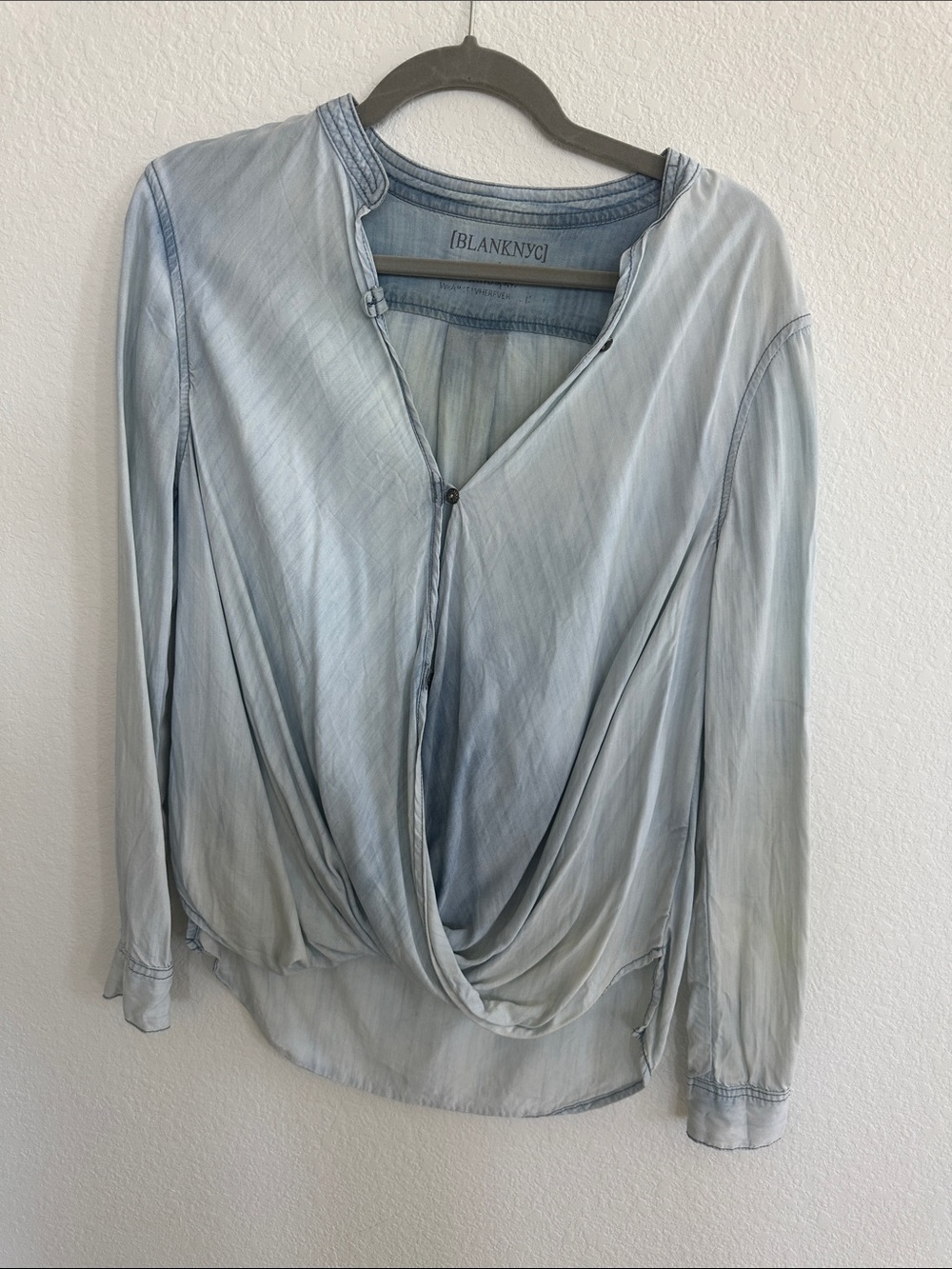 Blank NYC Pale Blue Draped V-Neck Long-Sleeve Blouse